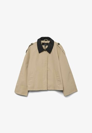 Beige jacket with a black collar, featuring a front zipper, side pockets, and shoulder buttons. Smooth fabric with a relaxed fit design.