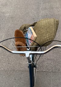 Panier de bicyclette contenant un sac tissé de couleur olive, une pantoufle brune duveteuse et un petit livre avec une couverture colorée, vu depuis le guidon.