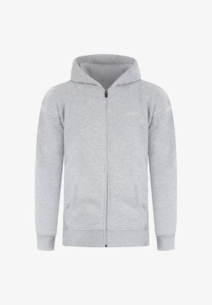 Hellegrauer Reißverschluss-Hoodie aus weichem Stoff, mit Kapuze, zwei Fronttaschen und gerippten Bündchen für eine enge Passform. Minimale Markenkennzeichnung.