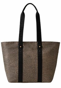 Borsa tote caratterizzata da un motivo testurizzato in beige e nero, con due manici neri impreziositi dal nome del brand e hardware in accento dorato.