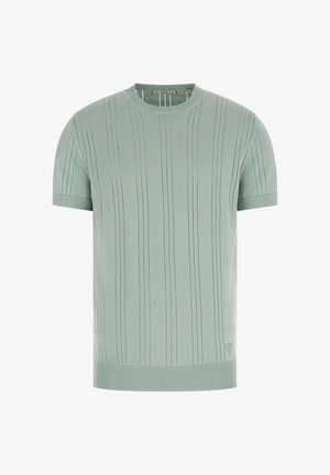 Maglione a maniche corte in maglia verde chiaro con strisce verticali forate e polsini e orlo a coste, piccolo logo triangolare del marchio vicino all'orlo inferiore.