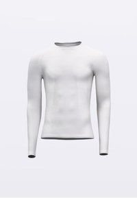 Balta gara piedurkņu sporta krekls, izgatavots no viegla, elpojoša auduma. Tam ir reljefa paneļi un apaļš kakla izgriezums ar dekoratīvām šuvēm.