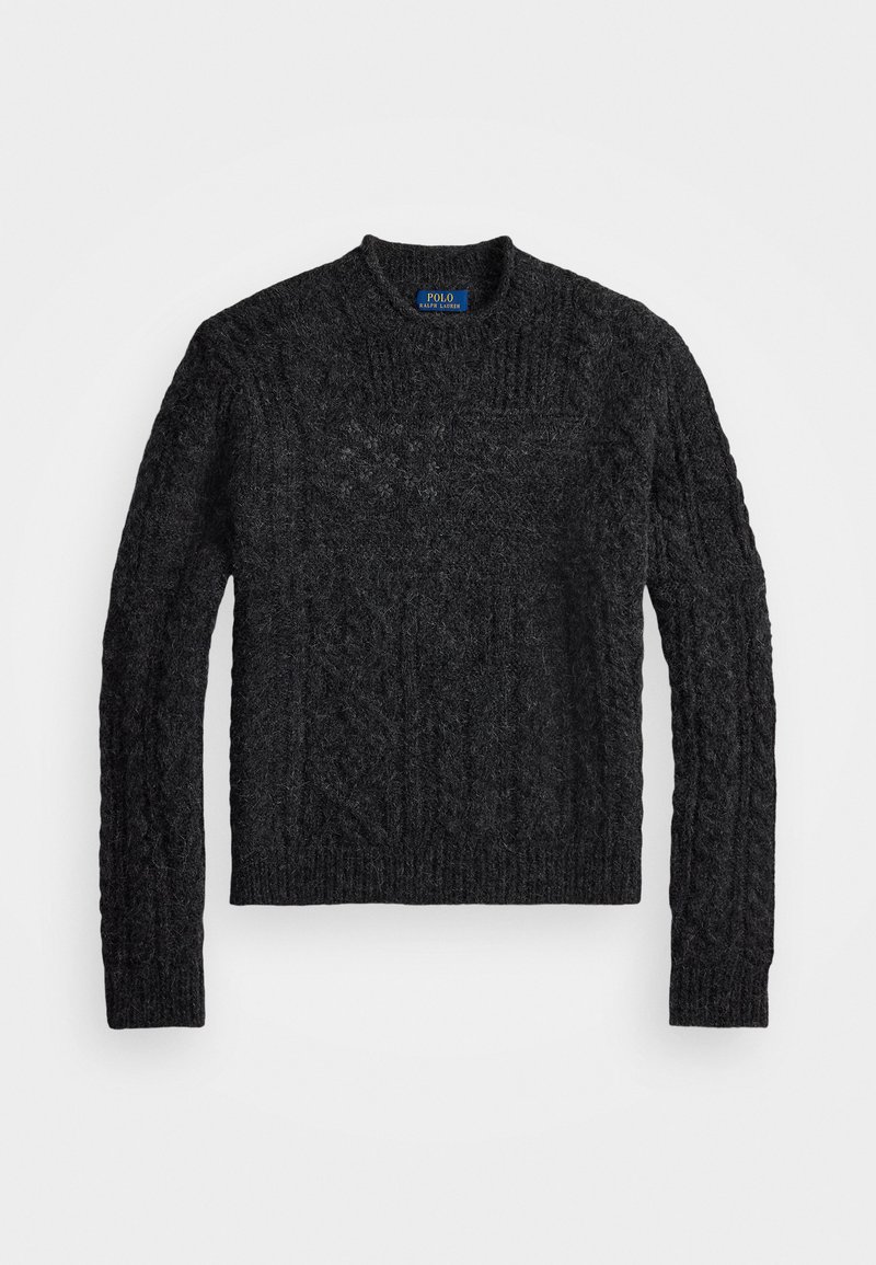 Un pull en laine gris foncé tricoté en maille, avec un col rond et des manches longues, posé à plat sur un fond blanc.