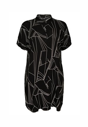 Czarna sukienka na guziki z krótkim rękawem, ozdobiona białym, abstrakcyjnym wzorem geometrycznym w formie linii, z zaokrąglonym dołem.