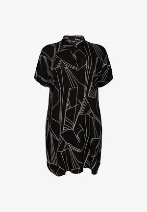Black short-sleeve button-up dress with white abstract geometric line pattern and a rounded hem.