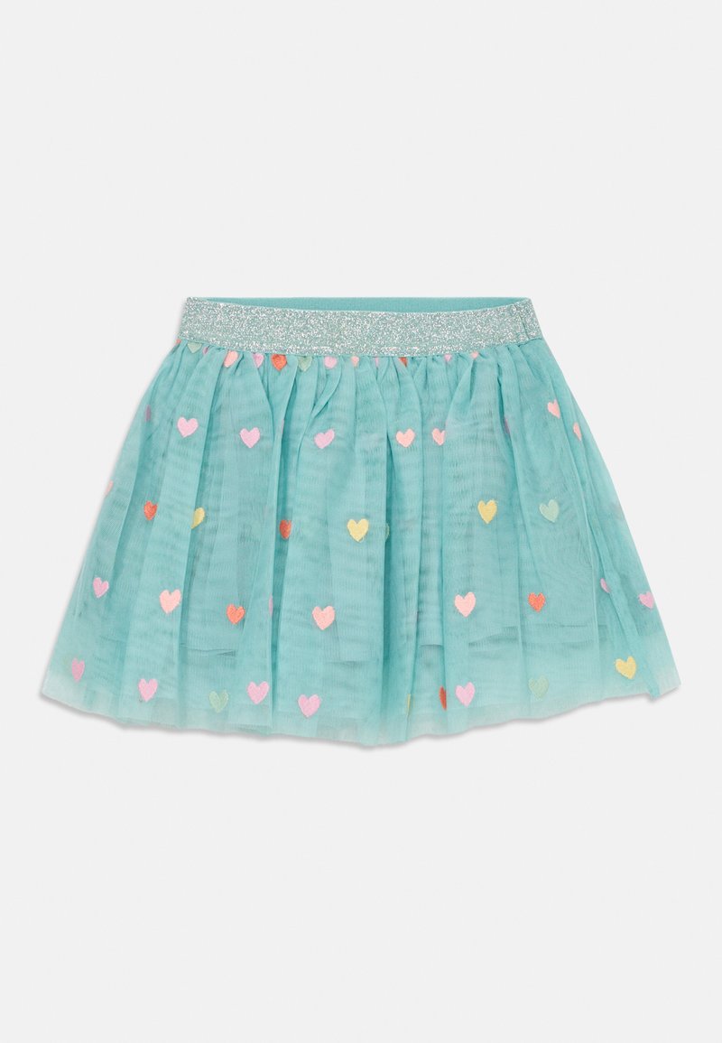 Αqua τούλι φούστα με γυαλιστερή ζώνη, που διαθέτει πολύχρωμες εφαρμογές καρδιάς scattered σε όλο το ύφασμα.