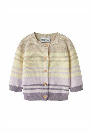 Cardigan pour bébé tricoté à manches longues, avec boutons en bois et rayures horizontales dans des tons beige, jaune, lilas et gris.