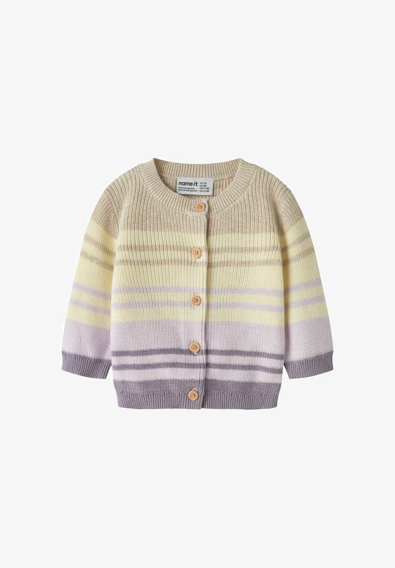 Cardigan per neonati lavorato a maglia con maniche lunghe, bottoni in legno e strisce orizzontali in tonalità beige, giallo, lilla e grigio.