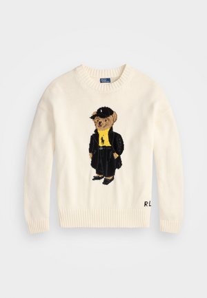 Maglione lavorato a maglia di colore crema con un orso in cappotto nero e camicia gialla, con polsini e orlo a coste. Le iniziali del marchio "RL" sono ricamate di lato.
