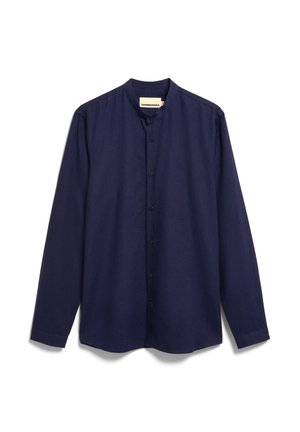 Marineblaue, langärmelige Hemdjacke mit Knopfleiste, Stehkragen, geradem Saum und dezentem, auf der Brust gesticktem Logo.