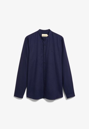 Marineblaue, langärmelige Hemdjacke mit Knopfleiste, Stehkragen, geradem Saum und dezentem, auf der Brust gesticktem Logo.