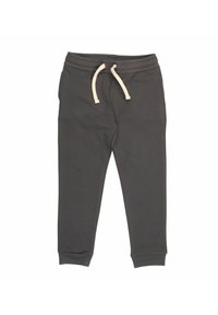 Dunkelgraue Jogginghose mit weißem Kordelzug, elastischem Bund, Seitentaschen und gesäumten Knöcheln, flach auf einem weißen Hintergrund ausgelegt.