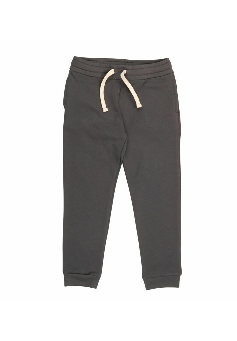 Dunkelgraue Jogginghose mit weißem Kordelzug, elastischem Bund, Seitentaschen und gesäumten Knöcheln, flach auf einem weißen Hintergrund ausgelegt.