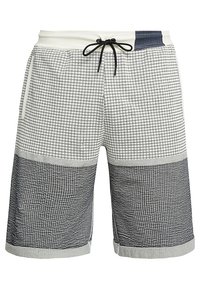 Mäns badshorts i grått och vitt med ett rutmönster, elastisk midja med dragsko och sidofickor. Anmärkningsvärda texturerade detaljer i botten.