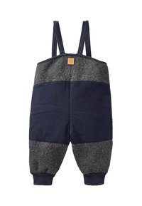 Tweedelige peuter-overalls met donkerblauwe gladde stof en grijze gestructureerde stof, schouderbandjes en elastische manchetten bij de enkels.