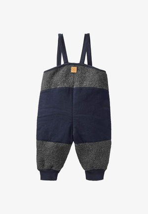 Zweitönige Kleinkind-Overalls mit dunkelblauem, glattem Stoff und grauem, strukturiertem Stoff, Schultergurten und elastischen Bündchen an den Knöcheln.