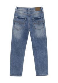 Jeans i denim med en ljusblå tvätt och rak passform, fyra fickor och detaljer i gul sömnad. Mjuk textur med lätt blekning.