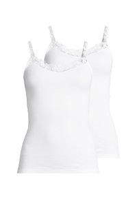 White tank tops with lace trim along the neckline and spaghetti straps, featuring a soft cotton material and a fitted shape. Two included.