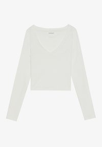 Fehér, hosszú ujjú, crop top mély V-kivágással, puha anyagból készült. A vállvarrások laza illeszkedést biztosítanak.