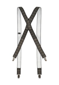 Geruite bretels met een donker groen en zwart patroon, voorzien van witte elastieken banden en metalen clips voor bevestiging.