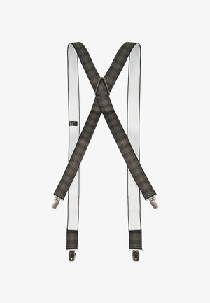 Geruite bretels met een donker groen en zwart patroon, voorzien van witte elastieken banden en metalen clips voor bevestiging.