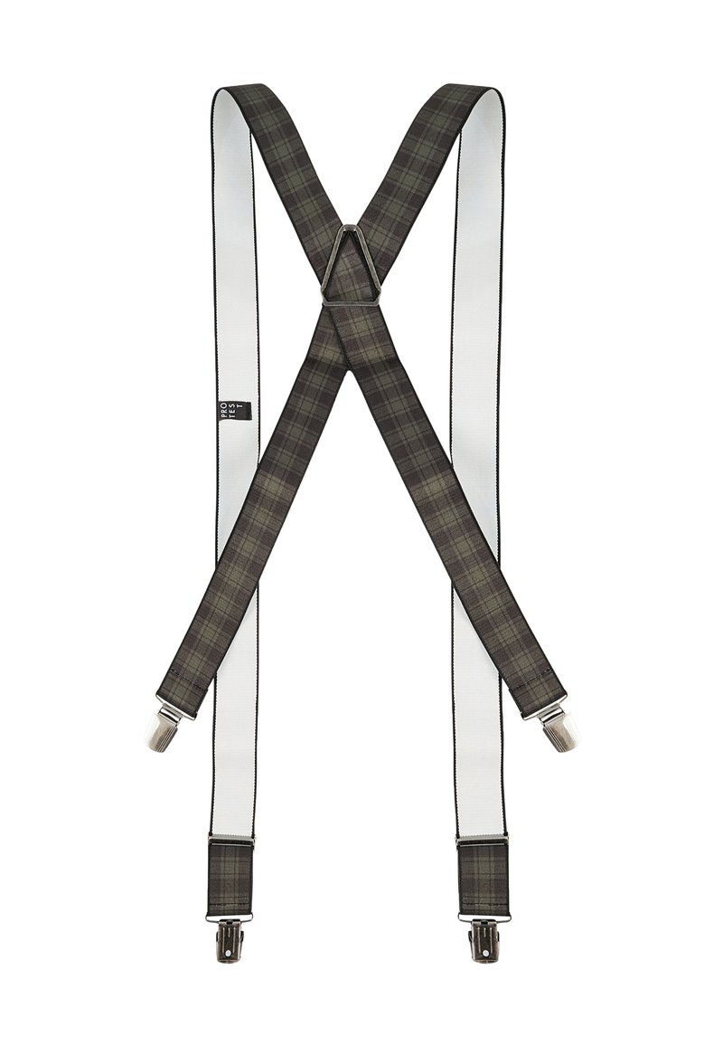 Geruite bretels met een donker groen en zwart patroon, voorzien van witte elastieken banden en metalen clips voor bevestiging.