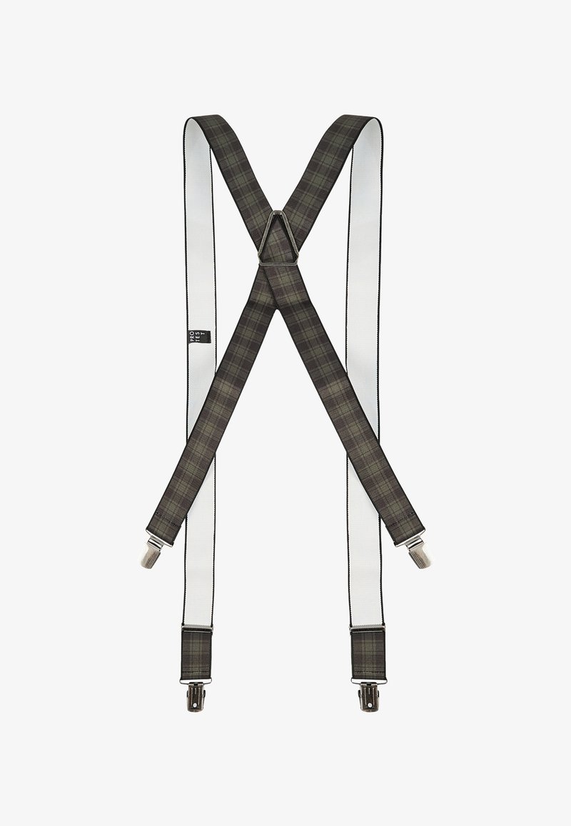 Geruite bretels met een donker groen en zwart patroon, voorzien van witte elastieken banden en metalen clips voor bevestiging.