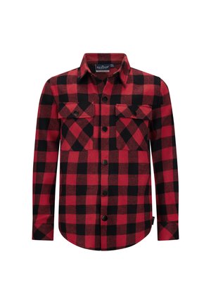 Rot-schwarz kariertes Flanellhemd mit Button-Down-Kragen, zwei Brusttaschen und schwarzen Knöpfen. Verfügt über einen geraden Saum und lange Ärmel.
