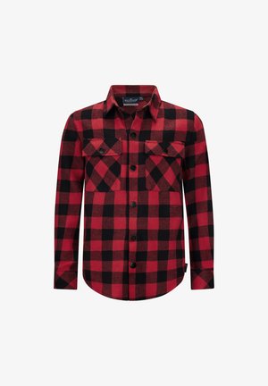 Rood-zwart geruite flanellen shirt met een kraag met knopen, twee borstzakken en zwarte knopen. Het heeft een rechte zoom en lange mouwen.