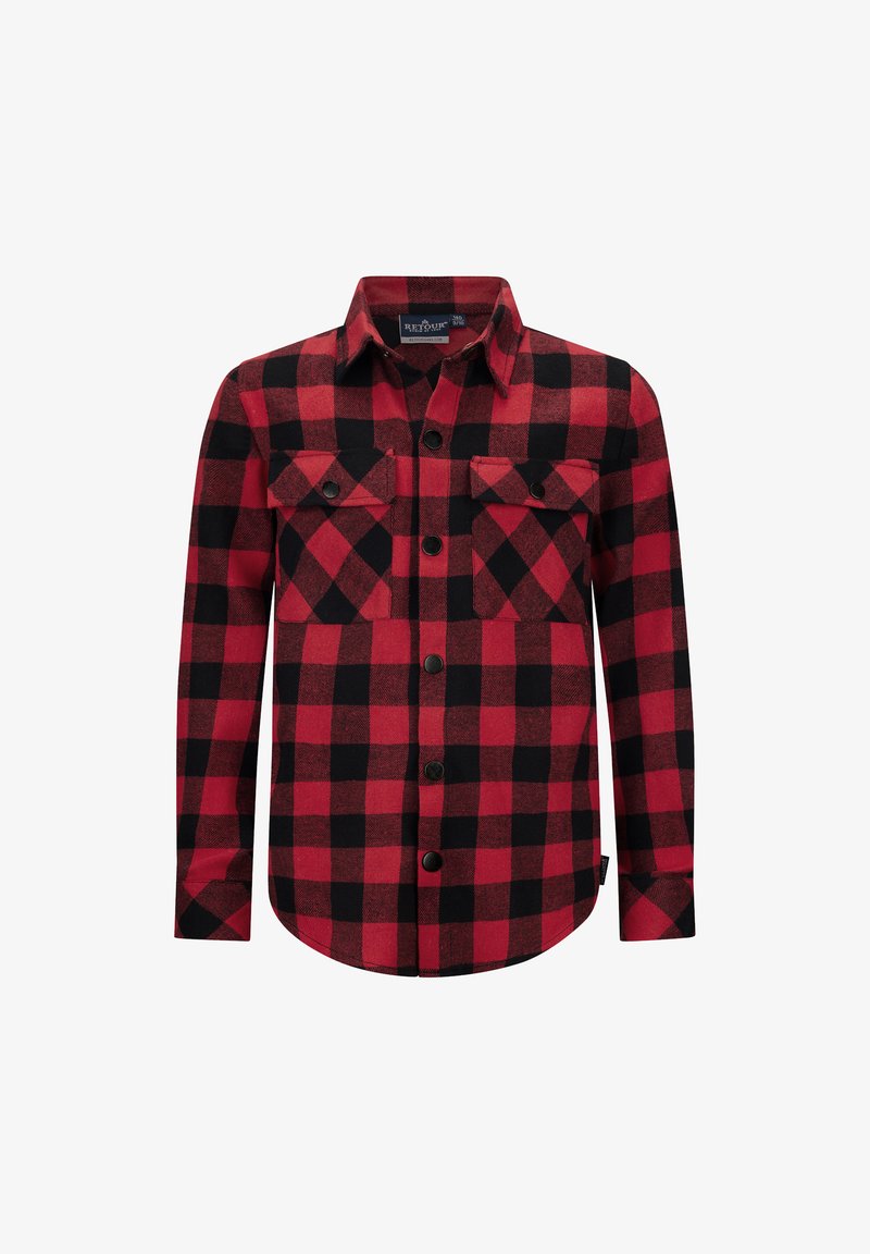 Rood-zwart geruite flanellen shirt met een kraag met knopen, twee borstzakken en zwarte knopen. Het heeft een rechte zoom en lange mouwen.