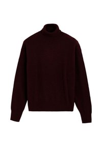 Suéter de cuello alto burdeos con mangas largas. Hecho de material suave, presenta un corte relajado y puños acanalados, ofreciendo calidez y comodidad.