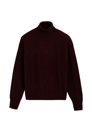Suéter de cuello alto burdeos con mangas largas. Hecho de material suave, presenta un corte relajado y puños acanalados, ofreciendo calidez y comodidad.