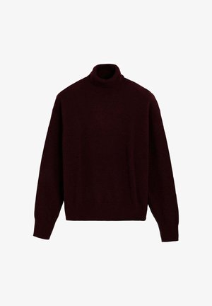Suéter de cuello alto burdeos con mangas largas. Hecho de material suave, presenta un corte relajado y puños acanalados, ofreciendo calidez y comodidad.