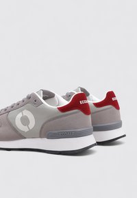 Baskets grises avec une tige lisse, des accents rouges sur le talon, un logo blanc et une semelle grise texturée. Elles présentent un design à lacets et un col rembourré.