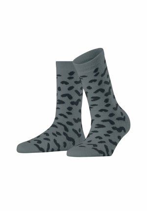 Graue Socken mit einem schwarzen Leopardenmuster, ausgestattet mit einer klassischen Knöchellänge und glatter Textur, geeignet für lässige Outfits.
