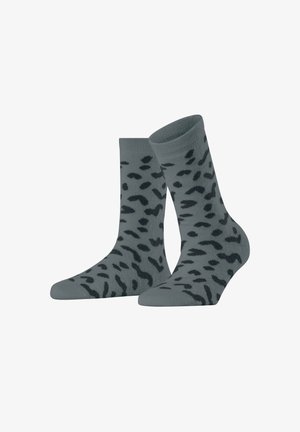 Gray socks with a black leopard print pattern, featuring a classic crew length and smooth texture, suitable for casual wear.