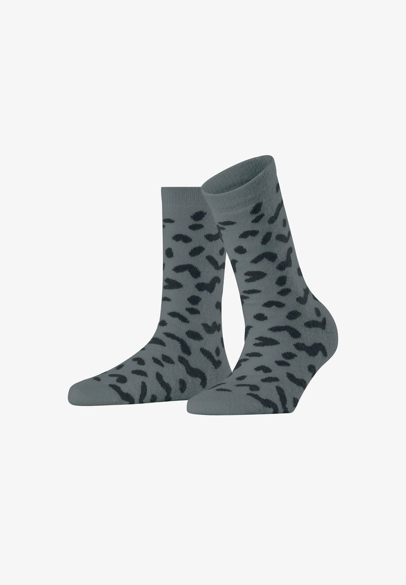Graue Socken mit einem schwarzen Leopardenmuster, ausgestattet mit einer klassischen Knöchellänge und glatter Textur, geeignet für lässige Outfits.