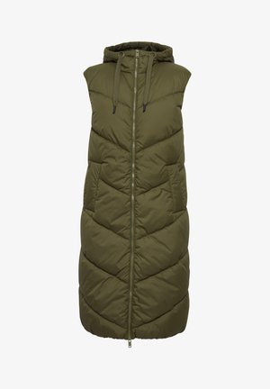 Olivi vihreä hihaton untuvaliivi hupulla, jossa on vetoketjukiinnitys, pystysaumat ja sileä, pehmeä rakenne.