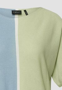 Short-sleeve knit top with vertical color block stripes in light blue, pale green, and a narrow white stripe down the center.