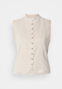 Μπεζ λινό αμάνικο γιλέκο με όρθιο γιακά, εμπρόσθιο κλείσιμο με οκτώ κουμπιά και ελαφρώς V-σχήμα τελείωμα στο μπροστινό κέντρο.