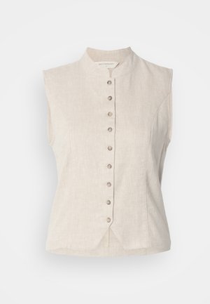 Bež brezrokavnik iz lanu z ovratnikom, zapenjanje spredaj z osmimi gumbi in rahlim V-izrezom pri sredini sprednjega dela.