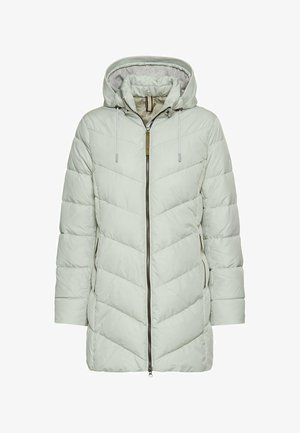 Veste rembourrée vert clair avec capuche, présentant des motifs cousus en zigzag, une fermeture éclair à l'avant et des cordons de serrage ajustables au niveau de la capuche.