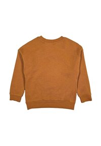 Sennepsgul sweatshirt med rund hals, ribbestrikkede mansjetter og kant. Stoff i bomullsblanding med en myk, teksturert overflate. Bakside.