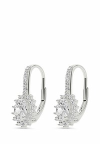 Söljörhängen med en oval klar ädelsten omgiven av mindre stenar i en blixtlåskonstruktion, med en slät, polerad yta.