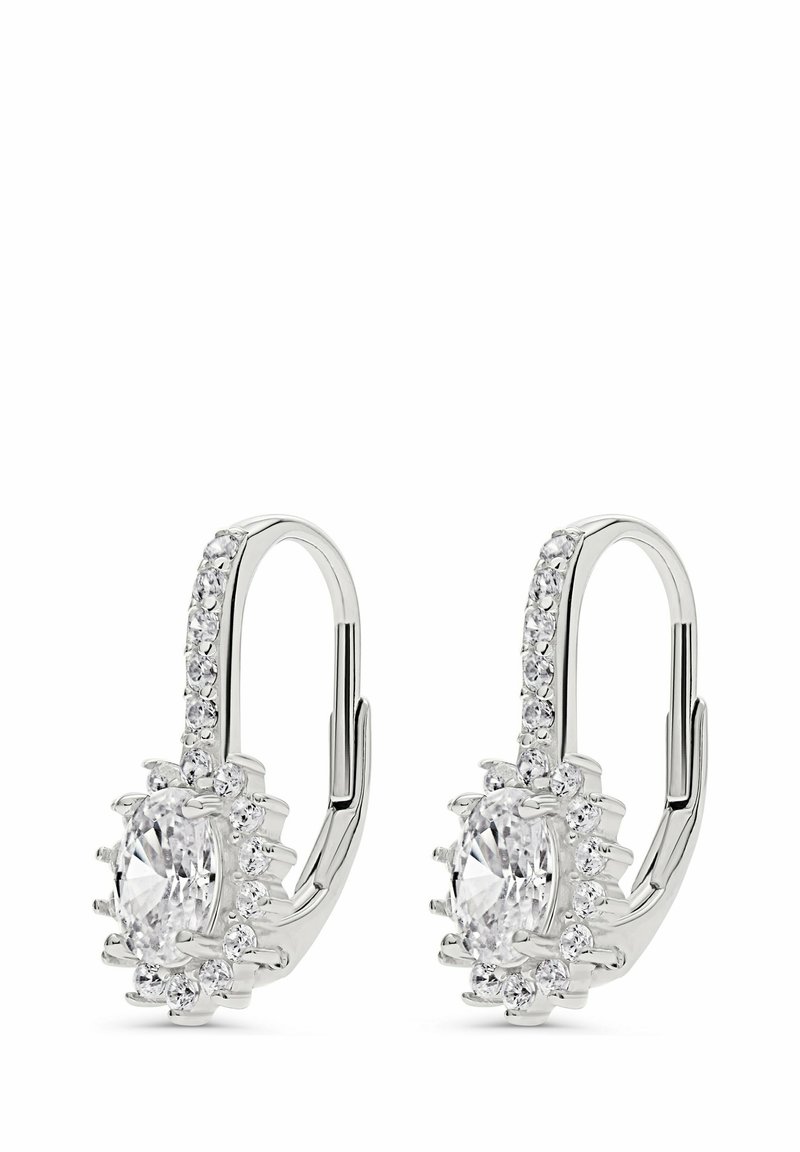 Söljörhängen med en oval klar ädelsten omgiven av mindre stenar i en blixtlåskonstruktion, med en slät, polerad yta.