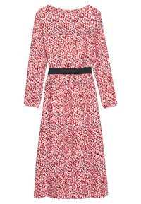 Abito a maniche lunghe in tessuto rosa con un motivo astratto colorato, vita aderente con cintura nera e scollo rotondo.