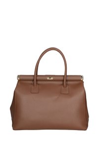 Borsa a mano in pelle marrone con superficie testurizzata, due manici e chiusura in metallo dorato nella parte superiore. Design minimalista senza motivi.