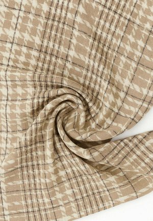 Tessuto a righe beige con un motivo a pied de poule, caratterizzato da linee color crema e marrone scuro, texture morbida e una caduta fluida.