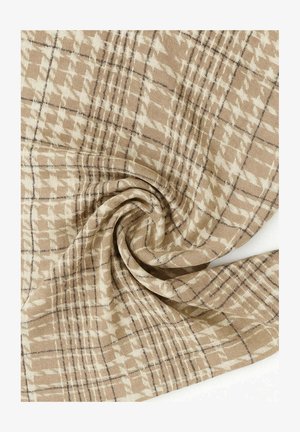 Tessuto a righe beige con un motivo a pied de poule, caratterizzato da linee color crema e marrone scuro, texture morbida e una caduta fluida.