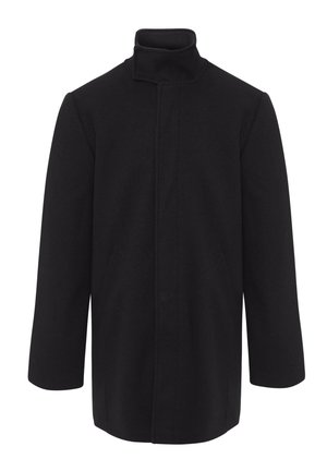 Black wool coat with a high collar, straight cut, long sleeves, and side pockets. Features minimalist design with clean lines.